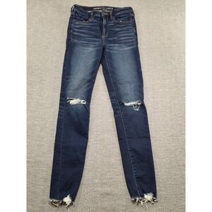 American Eagle Super Hi Rise Jegging Jeans Dark Wash Raw Hem Women Size 4‎ Long